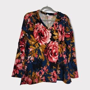 Sew in Love Floral Blue Soft Long Sleeve V-Neck Sweater Top Women Sz S